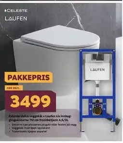 Megaflis Celeste Unico veggskål + Laufen Lis innbyggingssisterne 112 cm frontbetjent 4,5/3L tilbud