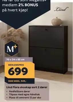 Megaflis Lind Fiora skoskap sort 2 dører tilbud