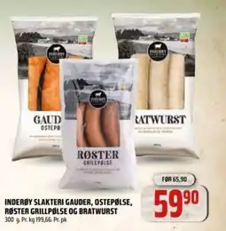 Coop Obs INDERØY Slakteri gauder, ostepølse, røster grillpølse og bratwurst tilbud