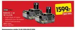 Jula RYOBI ONE+ Batterier 2 -pk 18 V 4,0 Ah tilbud