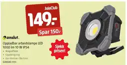 Jula Anslut.oppladbar arbeidslampe led 1000 lm 10 w ip54 tilbud