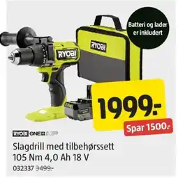 Jula Ryobi one hp slagdrill med tilbehørssett 105 nm 4,0 ah 18 v tilbud