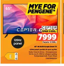 POWER Cepter 65" 4k qled google smart tv 120hz panel- perfekt til sport og film tilbud