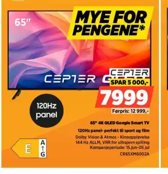 Cepter 65" 4k qled google smart tv 120hz panel- perfekt til sport og film