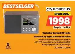 POWER AMADEUS Oppladbar Bærbar DAB+radio Bluetooth og opptil 15 timers batteritid tilbud