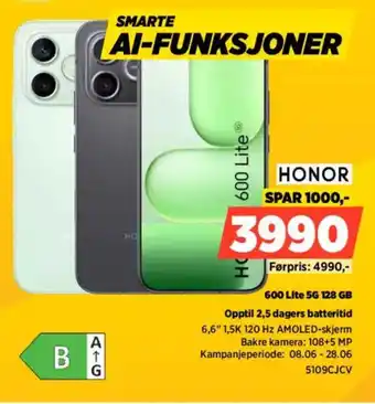 POWER HONOR 600 Lite 5G 128 GB Opptil 2,5 dagers batteritid tilbud