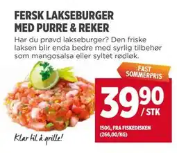 Meny FERSK LAKSEBURGER MED PURRE & REKER tilbud