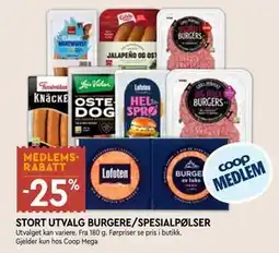 Coop Mega STORT UTVALG BURGERE/SPESIALPØLSER tilbud