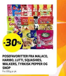 Bunnpris POSEFAVORITTER FRA MALACO, HARIBO, LUTTI, SQUASHIES, WALKERS, TYRKISK PEPPER OG SNOP tilbud