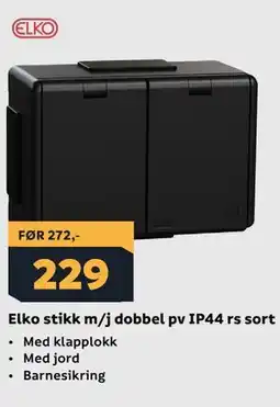 Megaflis Elko stikk m/j dobbel pv IP44 rs sort tilbud