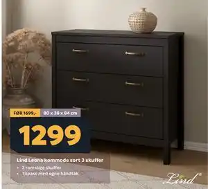 Megaflis Lind Leona kommode sort 3 skuffer tilbud