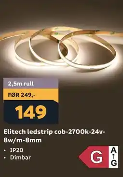 Megaflis Elitech ledstrip cob-2700k-24v8w/m-8mm tilbud