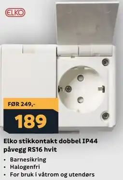 Megaflis Elko stikkontakt dobbel IP44 pvegg RS16 hvit tilbud