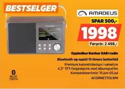 POWER Amadeus Oppladbar Bærbar DAB+radio Bluetooth og opptil 15 timers batteritid tilbud