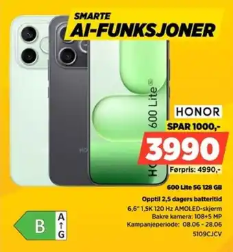 POWER Honor 600 Lite 5G 128 GB Opptil 2,5 dagers batteritid tilbud