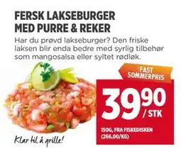 Meny FERSK LAKSEBURGER MED PURRE & REKER tilbud