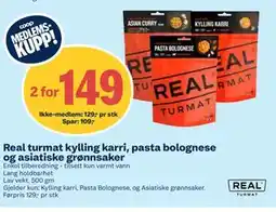 Coop Obs Real turmat kylling karri, pasta bolognese og asiatiske grønnsaker, Medlemspris tilbud