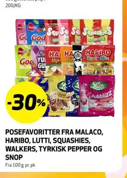 Bunnpris POSEFAVORITTER FRA MALACO, HARIBO, LUTTI, SQUASHIES, WALKERS, TYRKISK PEPPER OG SNOP tilbud