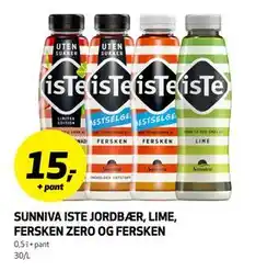 Bunnpris SUNNIVA ISTE JORDBÆR, LIME, FERSKEN ZERO OG FERSKEN tilbud