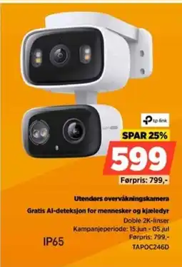 POWER Tp-link Utendørs overvåkningskamera Gratis Al-deteksjon for mennesker og kjæledyr tilbud