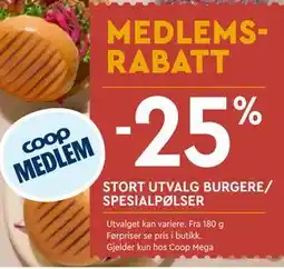 Coop Mega STORT UTVALG BURGERE/ SPESIALPØLSER tilbud