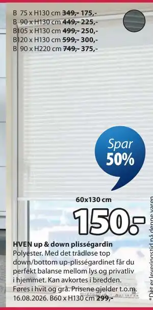 JYSK HVEN up & down plisségardin tilbud