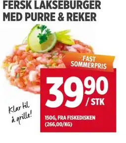 Meny FERSK LAKSEBURGER MED PURRE & REKER tilbud