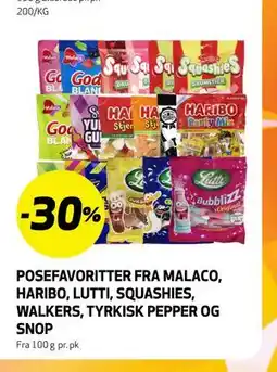 Bunnpris POSEFAVORITTER FRA MALACO, HARIBO, LUTTI, SQUASHIES, WALKERS, TYRKISK PEPPER OG SNOP tilbud
