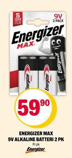 Coop Extra Energizer max 9v alkaline batteri 2 pk tilbud