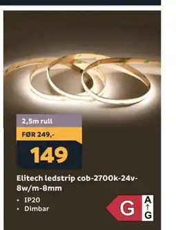 Megaflis Elitech ledstrip cob-2700k-24v-8w/m-8mm tilbud