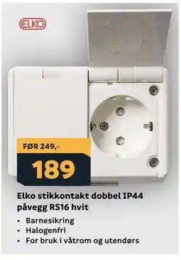 Megaflis Elko stikkontakt dobbel IP44 påvegg RS16 hvit tilbud