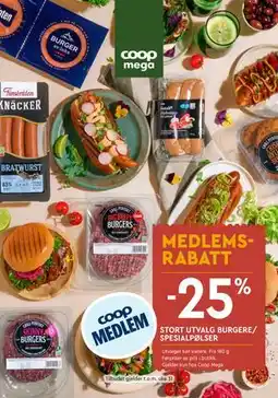 Coop Mega STORT UTVALG BURGERE/ SPESIALPØLSER tilbud