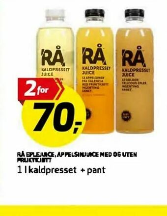 Bunnpris Rå eplejuice, appelsinjuice med og uten fruktkjøtt tilbud