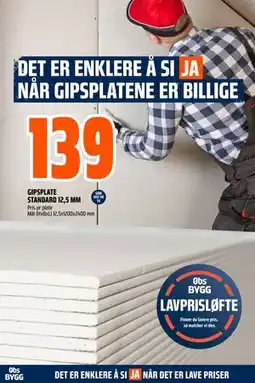 Obs Bygg GIPSPLATE STANDARD 12,5 MM tilbud