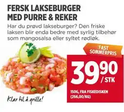 Meny FERSK LAKSEBURGER MED PURRE & REKER tilbud