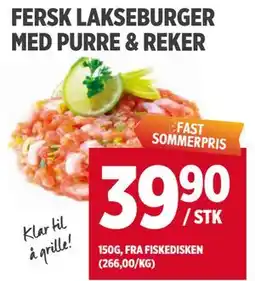 Meny FERSK LAKSEBURGER MED PURRE & REKER tilbud