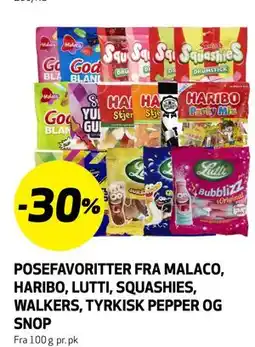 Bunnpris POSEFAVORITTER FRA MALACO, HARIBO, LUTTI, SQUASHIES, WALKERS, TYRKISK PEPPER OG SNOP tilbud