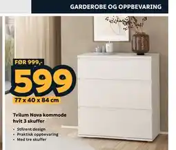Megaflis Tvilum Nova kommode hvit 3 skuffer tilbud