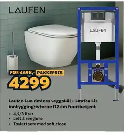 Megaflis Laufen Lua rimless veggskål + Laufen Lis innbyggingsisterne 112 cm frontbetjent tilbud