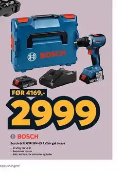 Megaflis Bosch drill GSR 18V-65 2x2ah gal l-case tilbud