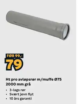 Megaflis Ht pro avløpsrør m/muffe Ø75 2000 mm grå tilbud