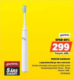 POWER Point Elektrisk tannbørste Lang batteritid gir uker med bruk tilbud
