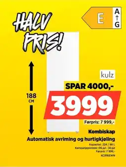 POWER Kulz Kombiskap Automatisk avriming og hurtigkjøling tilbud