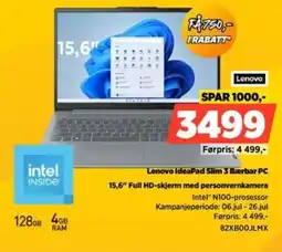 POWER Lenovo IdeaPad Slim 3 Bærbar PC 15,6" Full HD-skjerm med personvernkamera tilbud