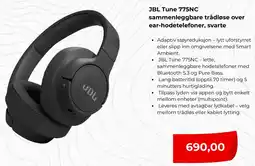 Clas Ohlson JBL Tune 775NC sammenleggbare trådløse over ear-hodetelefoner, svarte tilbud