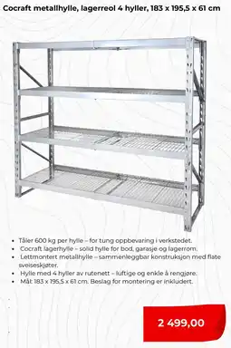Clas Ohlson Cocraft metallhylle, lagerreol 4 hyller tilbud