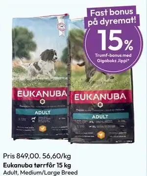Gigaboks Eukanuba tørrfôr 15 kg tilbud