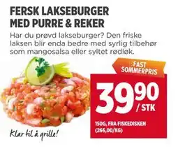 Meny FERSK LAKSEBURGER MED PURRE & REKER tilbud