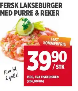 Meny FERSK LAKSEBURGER MED PURRE & REKER tilbud