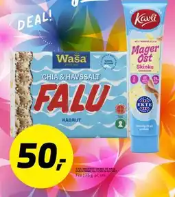 Bunnpris KAVLI MAGEROST SKINKE OG WASA KNEKKEBRØD FALU CHIA & HAVSALT tilbud